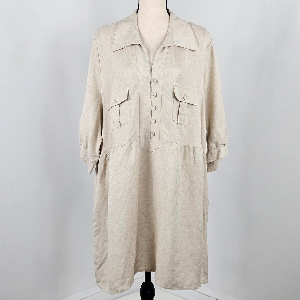 Lane Bryant Shirt Dress Womens 26/28 Beige Linen Blend Utility Tunic Plus Size